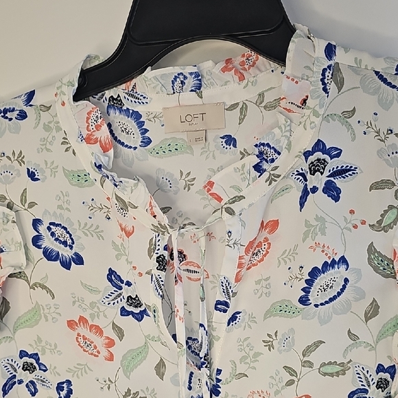 LOFT Floral Ruffle Sleeve Blouse - White, Blue, Red - Picture 4 of 6